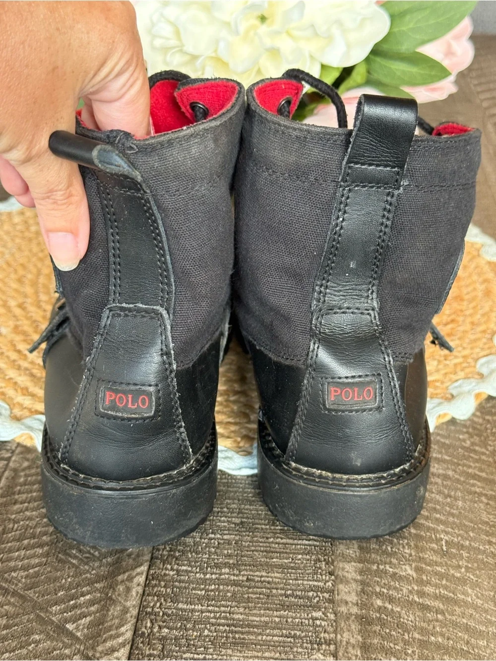 Polo by Ralph Lauren Kids Black Leather & Canvas Boots with Red Lining